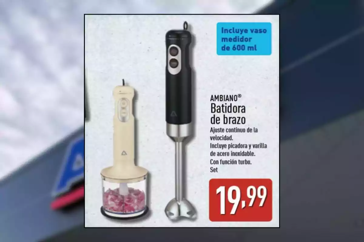 Batedora de mà Ambiano en colors beix i negre amb picadora i got mesurador de 600 ml, preu de 19,99 euros Batedora de mà Ambiano en colors beix i negre amb picadora i got mesurador de 600 ml, preu de 19,99 euros