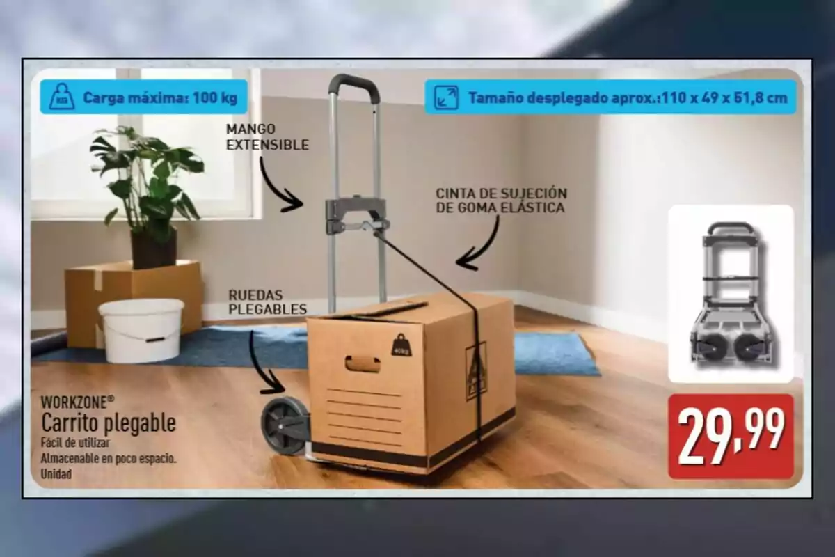Carretó plegable Workzone amb mànec extensible, rodes plegables i cinta de subjecció de goma elàstica, suporta fins a 100 kg i costa 29,99 euros, ideal per transportar caixes i fàcil de desar. Carretó plegable Workzone amb mànec extensible, rodes plegables i cinta de subjecció de goma elàstica, suporta fins a 100 kg i costa 29,99 euros, ideal per transportar caixes i fàcil de desar.