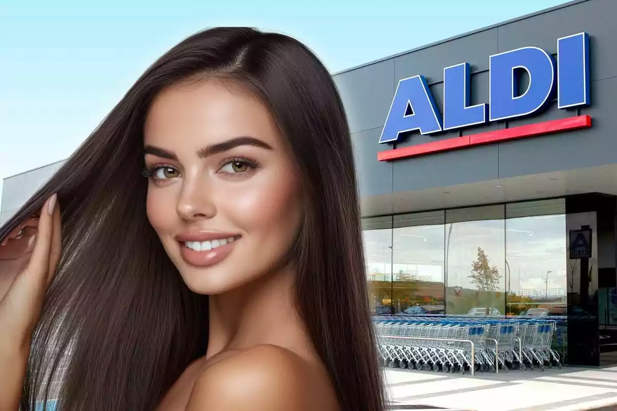 Mujer joven de cabello largo y liso sonriendo frente a una tienda Aldi