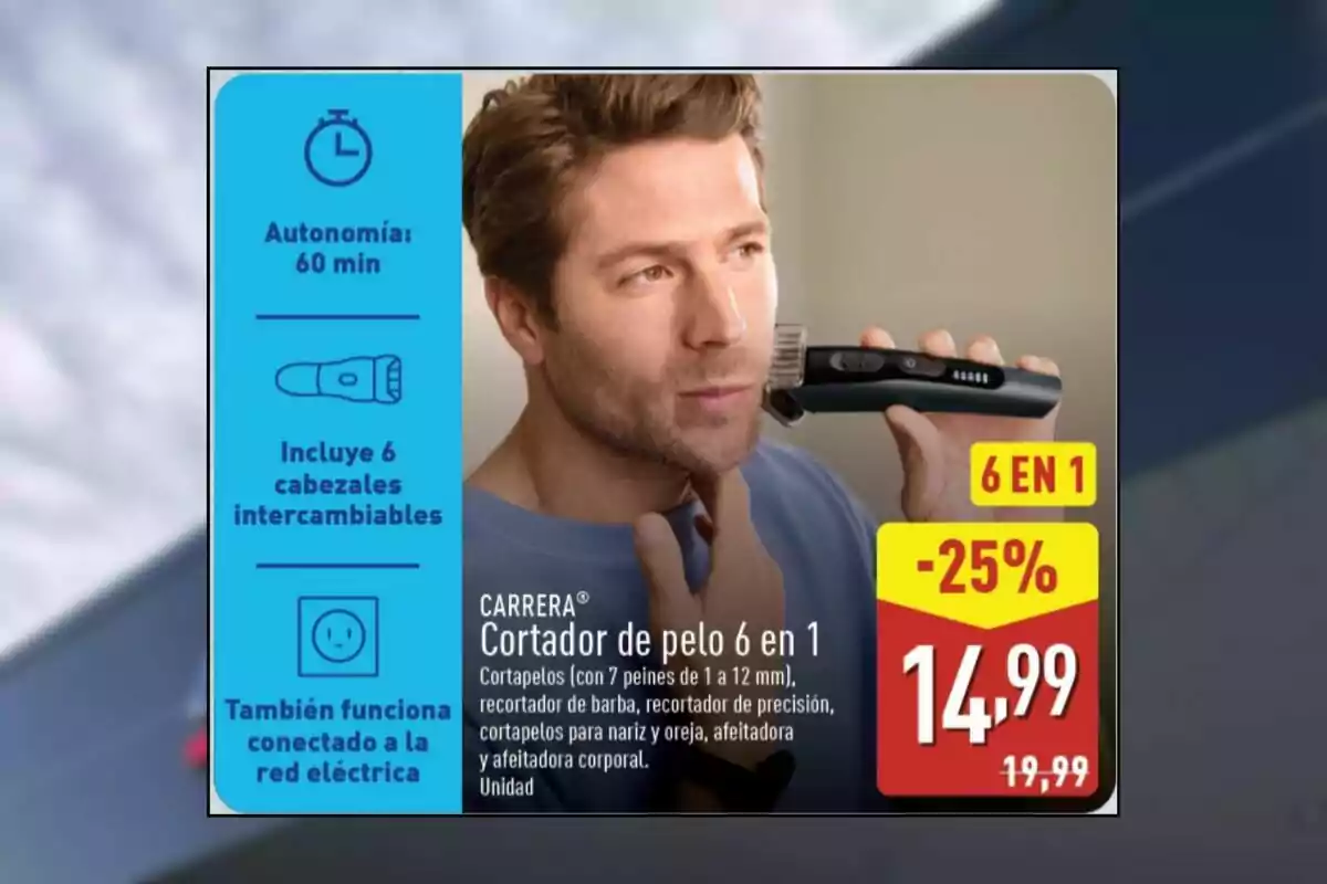 Hombre usando un cortador de pelo eléctrico multifunción con oferta del 25 por ciento de descuento y características destacadas como autonomía de 60 minutos, seis cabezales intercambiables y funcionamiento conectado a la red eléctrica Hombre usando un cortador de pelo eléctrico multifunción con oferta del 25 por ciento de descuento y características destacadas como autonomía de 60 minutos, seis cabezales intercambiables y funcionamiento conectado a la red eléctrica