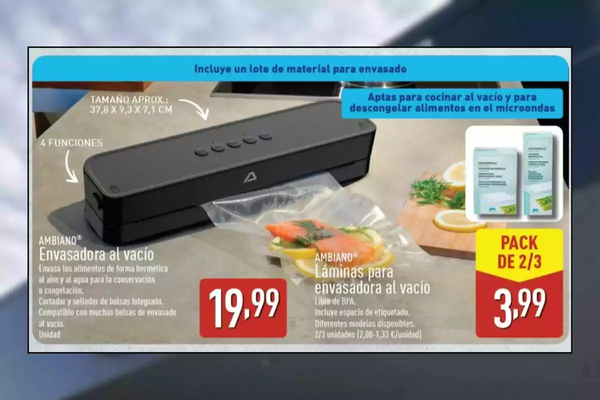 En la imagen se muestra una envasadora al vacío de la marca Ambiano junto a un paquete de láminas para envasar, con precios destacados y descripciones de sus funciones y características, sobre una mesa de cocina. En la imagen se muestra una envasadora al vacío de la marca Ambiano junto a un paquete de láminas para envasar, con precios destacados y descripciones de sus funciones y características, sobre una mesa de cocina.
