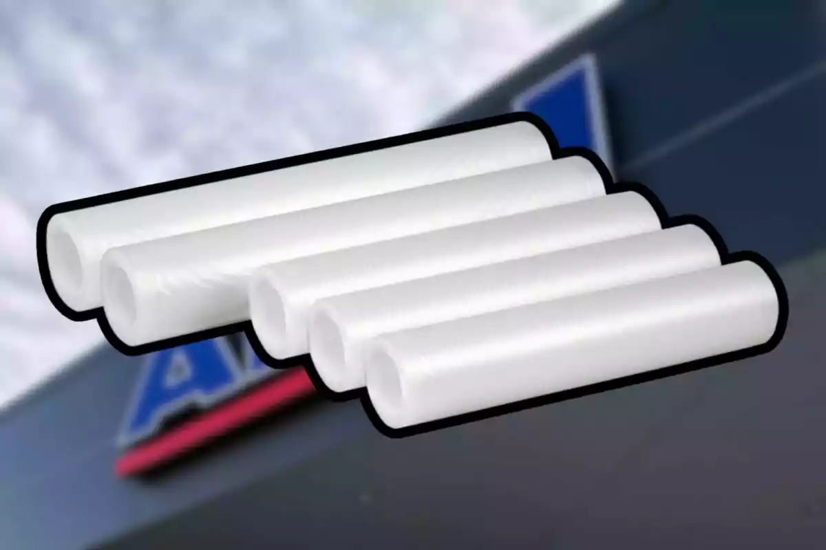 Cinco rollos de plástico blanco sobre un fondo desenfocado Cinco rollos de plástico blanco sobre un fondo desenfocado