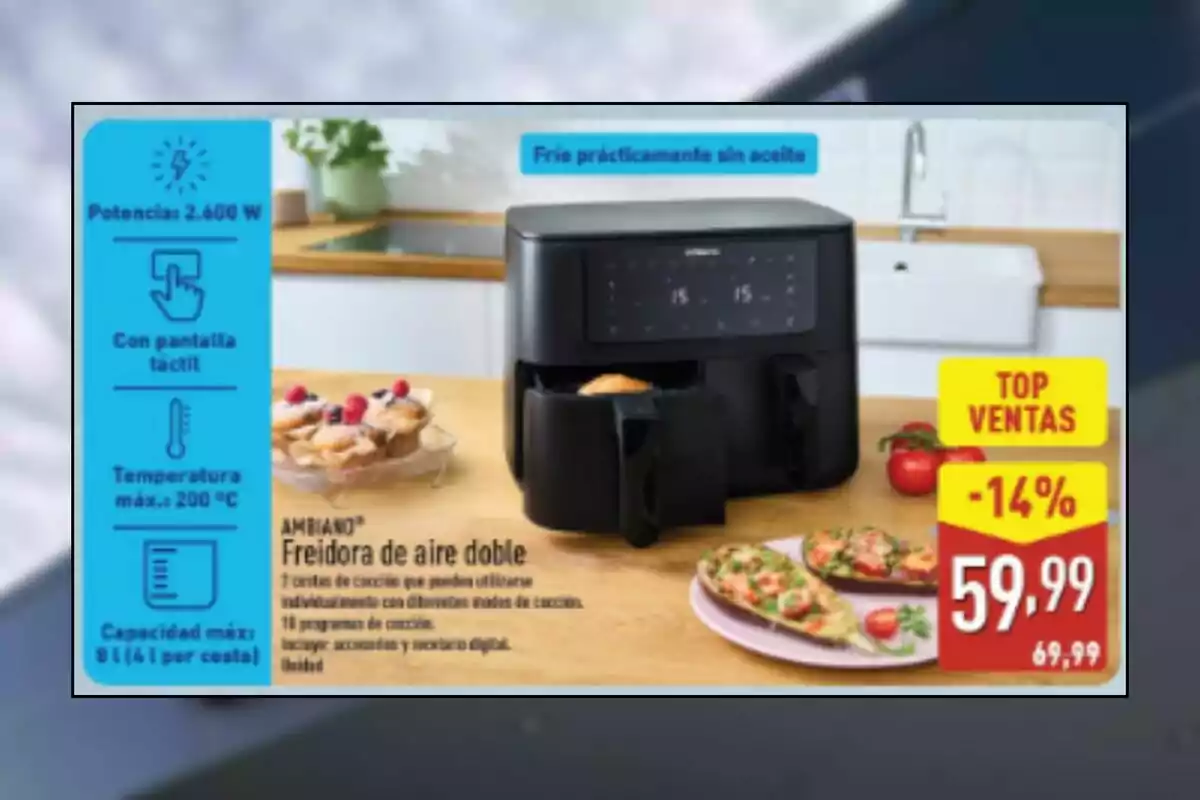 Freidora de aire doble negra con pantalla táctil en una cocina, acompañada de platos con comida y un letrero de oferta que muestra un precio rebajado a 59,99 euros Freidora de aire doble negra con pantalla táctil en una cocina, acompañada de platos con comida y un letrero de oferta que muestra un precio rebajado a 59,99 euros