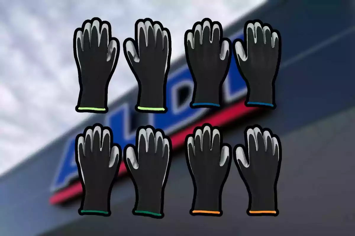 Ocho guantes de trabajo negros con detalles de colores en las muñecas están organizados en dos filas frente a un fondo borroso de una tienda. Ocho guantes de trabajo negros con detalles de colores en las muñecas están organizados en dos filas frente a un fondo borroso de una tienda.