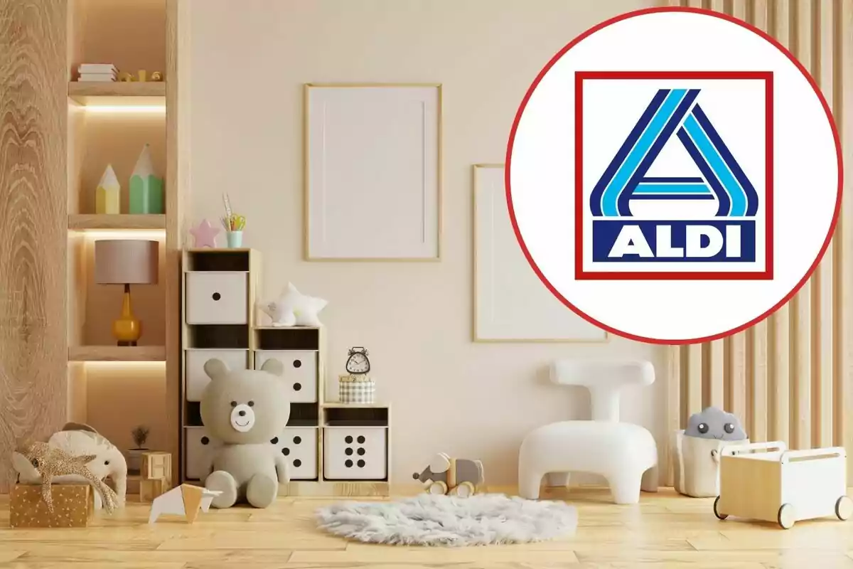 Habitación infantil decorada con juguetes y peluches en tonos neutros con el logo de ALDI en la esquina superior derecha Habitación infantil decorada con juguetes y peluches en tonos neutros con el logo de ALDI en la esquina superior derecha
