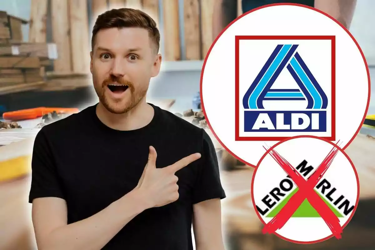 Hombre sorprendido señalando el logo de Aldi mientras el logo de Leroy Merlin aparece tachado