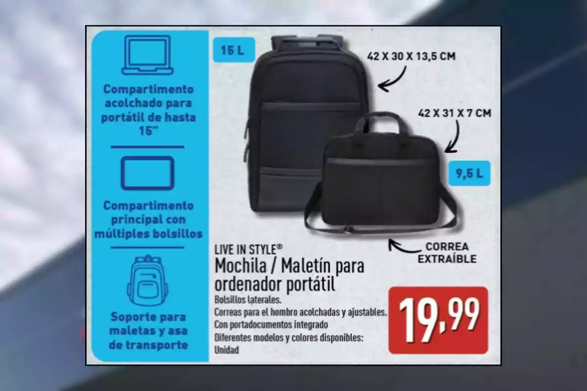 Publicitat d’una motxilla i maletí per a ordinador portàtil amb compartiment encoixinat, diversos butxaques, suport per a maletes, corretja extraïble i preu de 19,99 euros Publicitat d’una motxilla i maletí per a ordinador portàtil amb compartiment encoixinat, diversos butxaques, suport per a maletes, corretja extraïble i preu de 19,99 euros