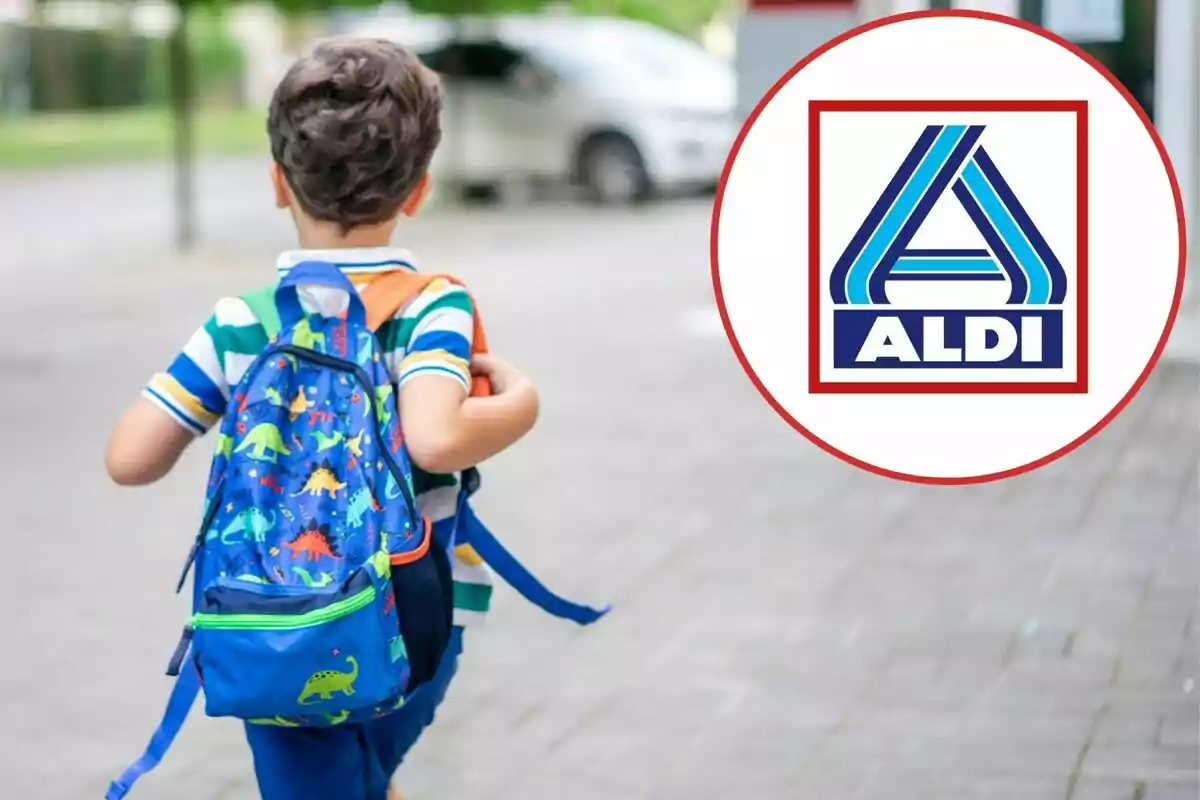 Niño con mochila de dinosaurios caminando y logotipo de ALDI en un círculo a la derecha