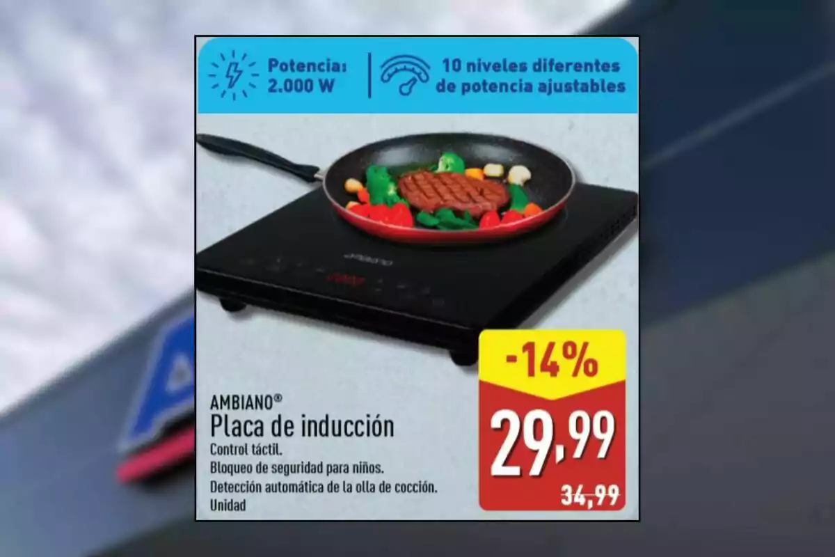Placa de inducción Ambiano con sartén y alimentos, oferta con descuento del 14 por ciento a 29,99 euros, potencia de 2000 W y 10 niveles ajustables Placa de inducción Ambiano con sartén y alimentos, oferta con descuento del 14 por ciento a 29,99 euros, potencia de 2000 W y 10 niveles ajustables