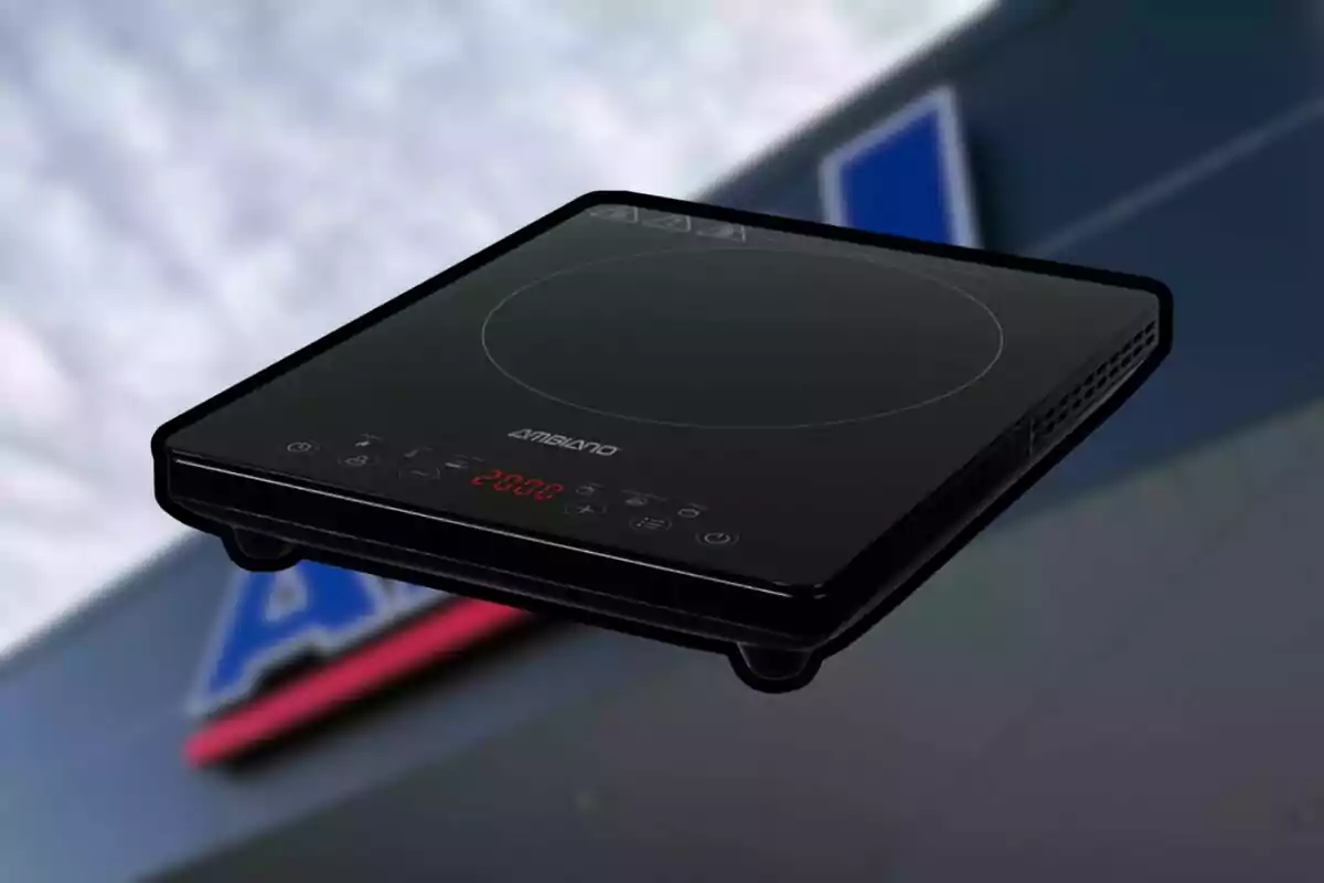 Estufa de inducción portátil negra de la marca Ambiano con controles táctiles y pantalla digital, sobre un fondo desenfocado de una tienda. Estufa de inducción portátil negra de la marca Ambiano con controles táctiles y pantalla digital, sobre un fondo desenfocado de una tienda.