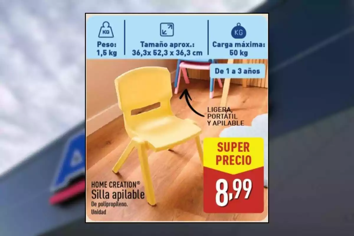 Cadira infantil groga de plàstic apilable per a nens d’1 a 3 anys, lleugera i portàtil, amb un preu destacat de 8,99 euros. Cadira infantil groga de plàstic apilable per a nens d’1 a 3 anys, lleugera i portàtil, amb un preu destacat de 8,99 euros.
