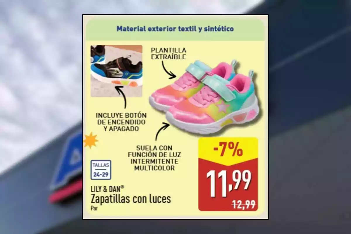 Oferta de zapatillas infantiles con luces multicolor, plantilla extraíble, botón de encendido y apagado, disponibles en tallas 24 a 29, precio rebajado a 11,99 euros Oferta de zapatillas infantiles con luces multicolor, plantilla extraíble, botón de encendido y apagado, disponibles en tallas 24 a 29, precio rebajado a 11,99 euros