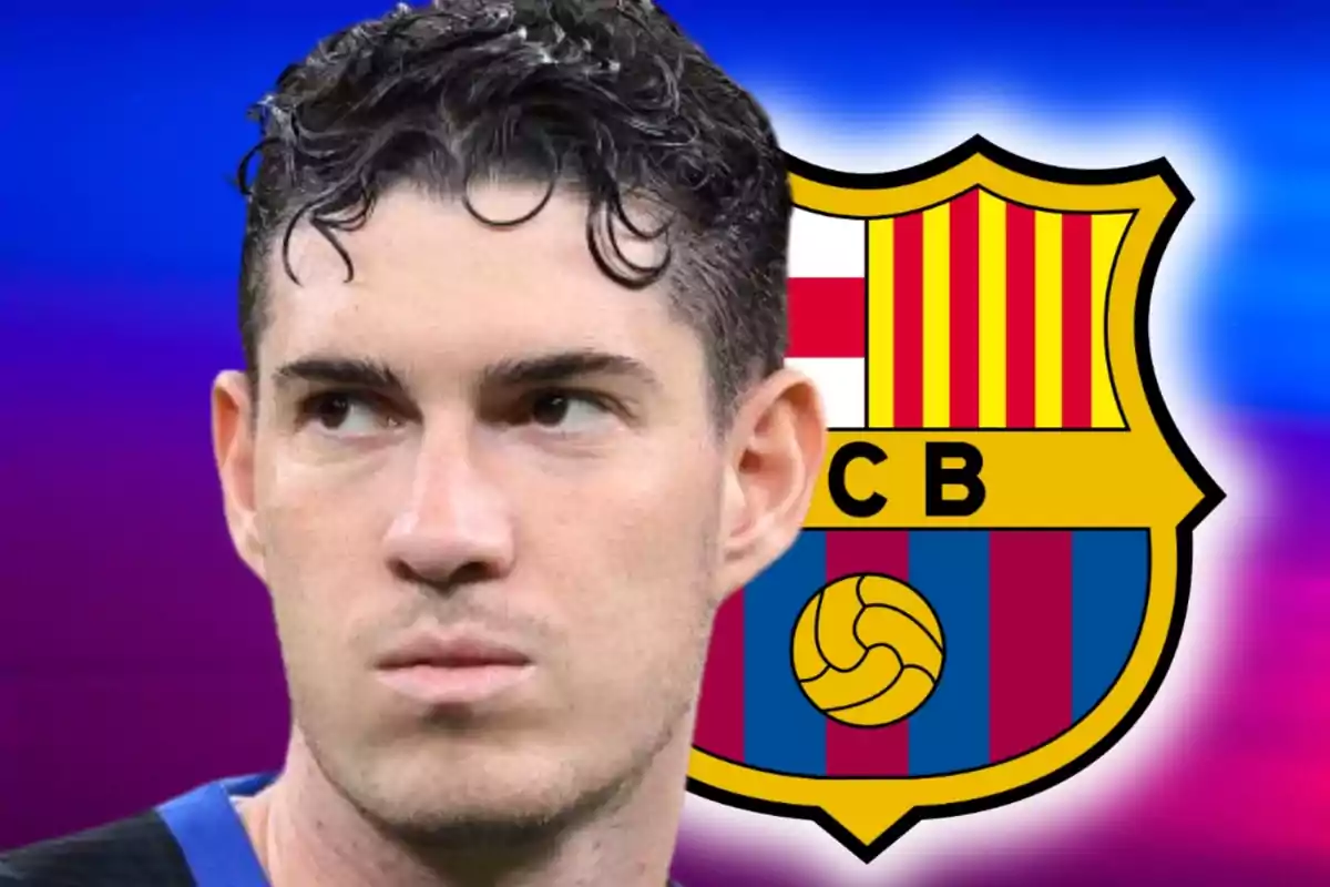 A short-haired, dark-haired player appears in the foreground with the FC Barcelona crest in the background over a blurred blue and pink backdrop.