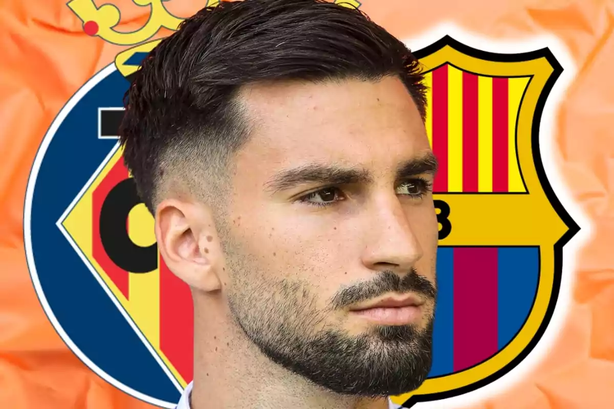 A man with a beard and short hair appears in the foreground with the Villarreal and Barcelona crests in the background.
