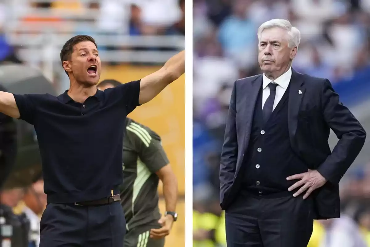 Two soccer coaches on the field, one gesturing with open arms and the other standing with a serious expression and one hand on his hip. Two soccer coaches on the field, one gesturing with open arms and the other standing with a serious expression and one hand on his hip.