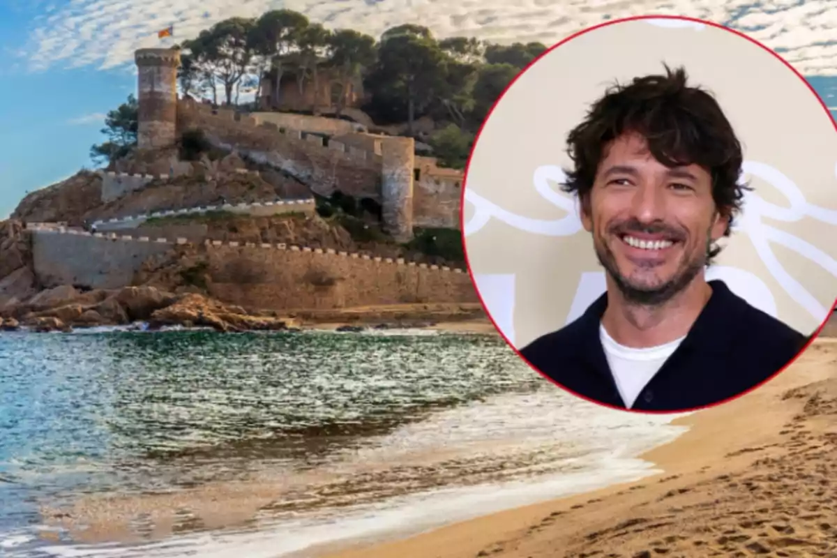 Un home somrient apareix en un cercle sobre una imatge d’una platja amb un castell antic al fons envoltat d’arbres i muralles. Un home somrient apareix en un cercle sobre una imatge d’una platja amb un castell antic al fons envoltat d’arbres i muralles.