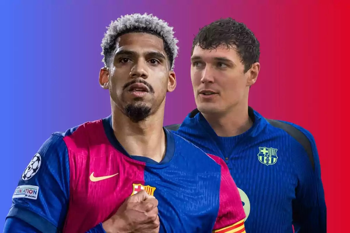 Dos futbolistas del FC Barcelona con uniforme azulgrana y fondo degradado en tonos azul y rojo