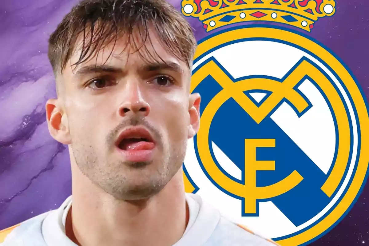 Jugador de fútbol con el escudo del Real Madrid de fondo