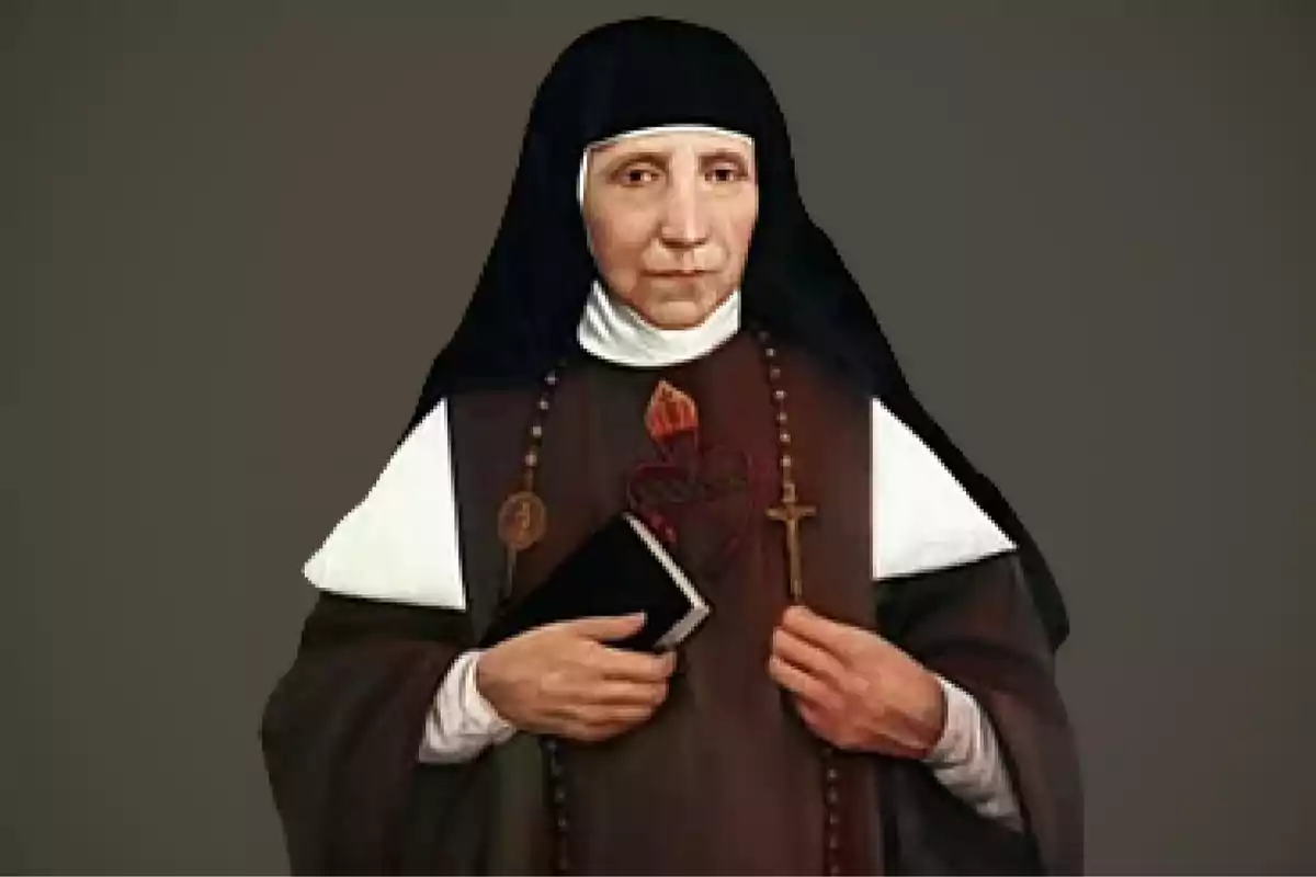 Dona vestida amb hàbit religiós sostenint un llibre i un rosari amb un fons fosc Dona vestida amb hàbit religiós sostenint un llibre i un rosari amb un fons fosc