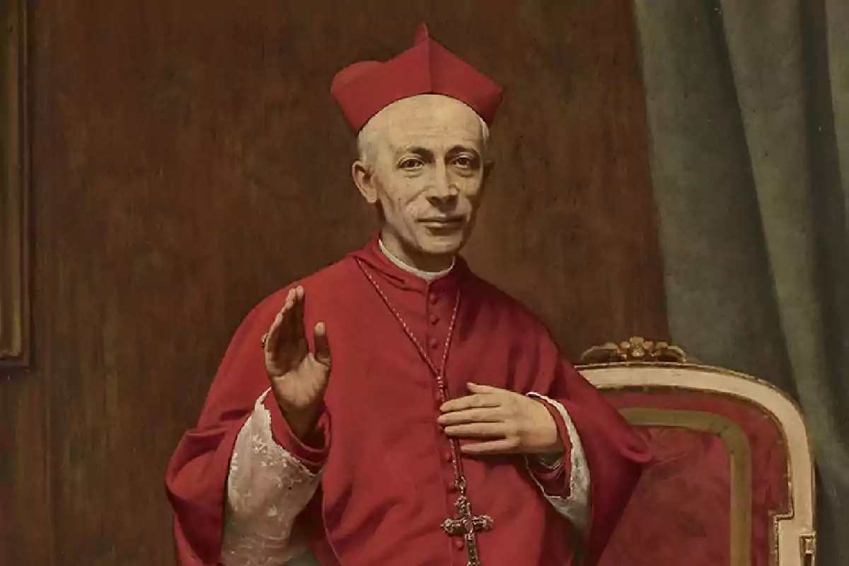 Retrat d’un cardenal vestit amb sotana i birret vermells assegut en una cadira elegant amb una mà aixecada i l’altra sobre el pit Retrat d’un cardenal vestit amb sotana i birret vermells assegut en una cadira elegant amb una mà aixecada i l’altra sobre el pit