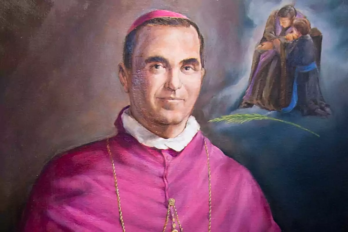 Retrato pintado de un obispo con vestimenta púrpura y fondo en tonos oscuros, acompañado de una escena secundaria donde dos personas se abrazan y una palma verde aparece entre ellas. Retrato pintado de un obispo con vestimenta púrpura y fondo en tonos oscuros, acompañado de una escena secundaria donde dos personas se abrazan y una palma verde aparece entre ellas.