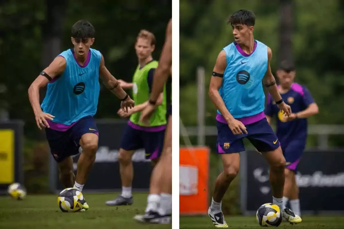 Young player wearing a blue bib training with the ball on a soccer field alongside other players Young player wearing a blue bib training with the ball on a soccer field alongside other players