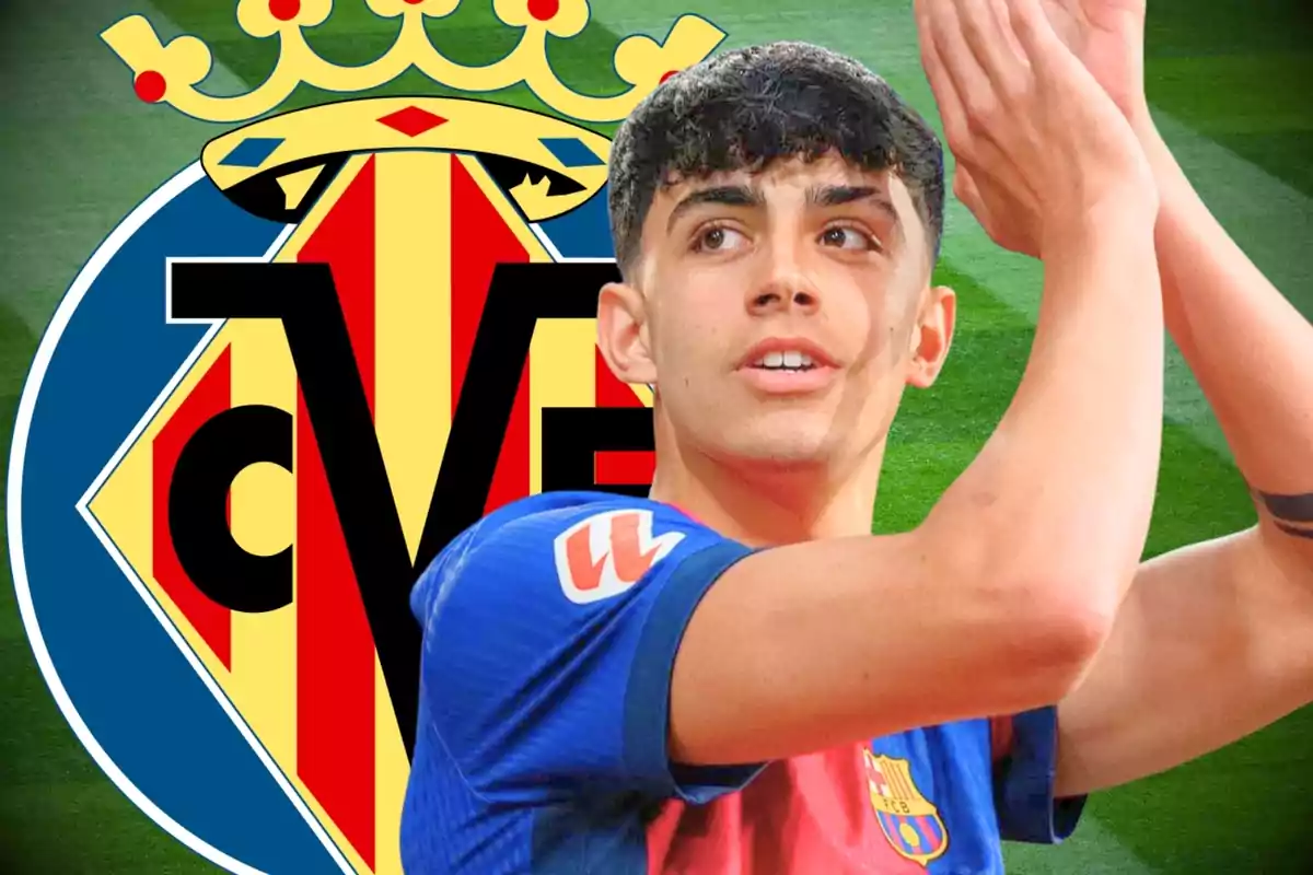 Young player in a Barcelona uniform applauding in front of the Villarreal crest on a soccer field
