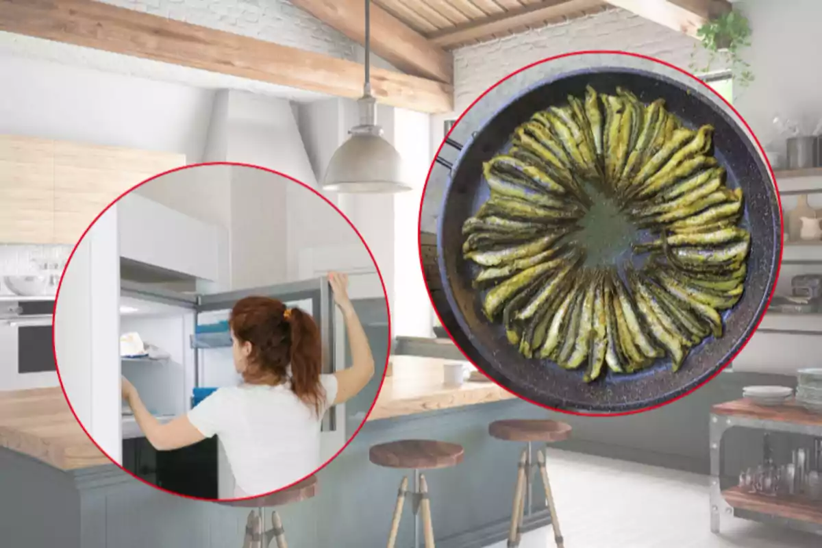 Una dona obre la porta d’un congelador en una cuina moderna i en un cercle a part es mostra una paella amb peix col·locat en forma circular. Una dona obre la porta d’un congelador en una cuina moderna i en un cercle a part es mostra una paella amb peix col·locat en forma circular.