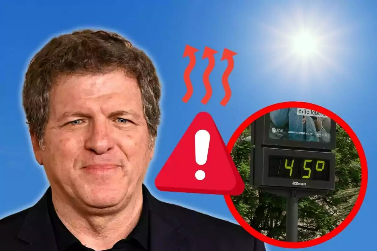 Mario Picazo amb fons blau, un sol brillant, un termòmetre marcant 45 graus i un símbol d’advertència de calor