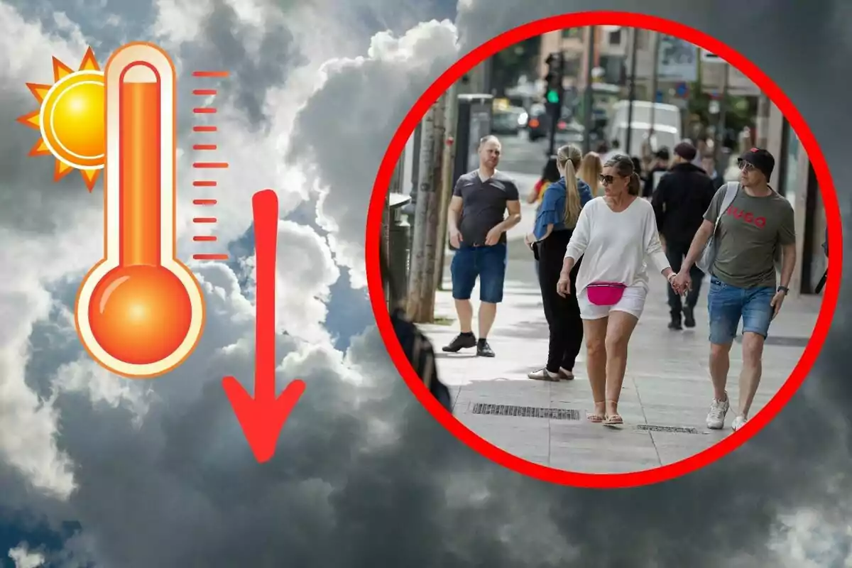 Termòmetre amb fletxa cap avall sobre un fons de núvols i un cercle vermell que mostra persones caminant per la ciutat Termòmetre amb fletxa cap avall sobre un fons de núvols i un cercle vermell que mostra persones caminant per la ciutat