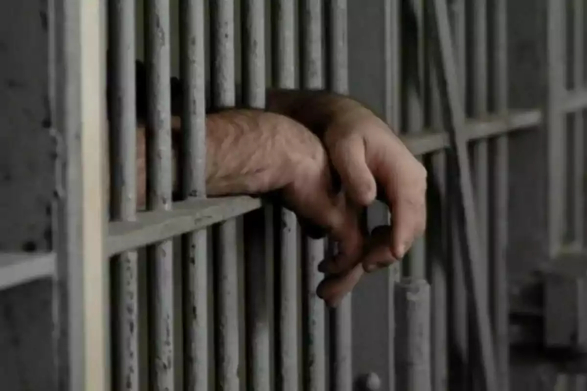 Mano de una persona asomada entre los barrotes de una celda de prisión