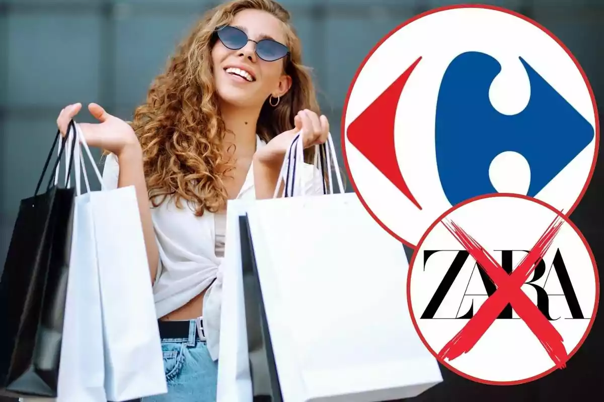 Dona somrient amb ulleres de sol sostenint bosses de compra al costat dels logotips de Carrefour i Zara, aquest darrer ratllat amb una X vermella