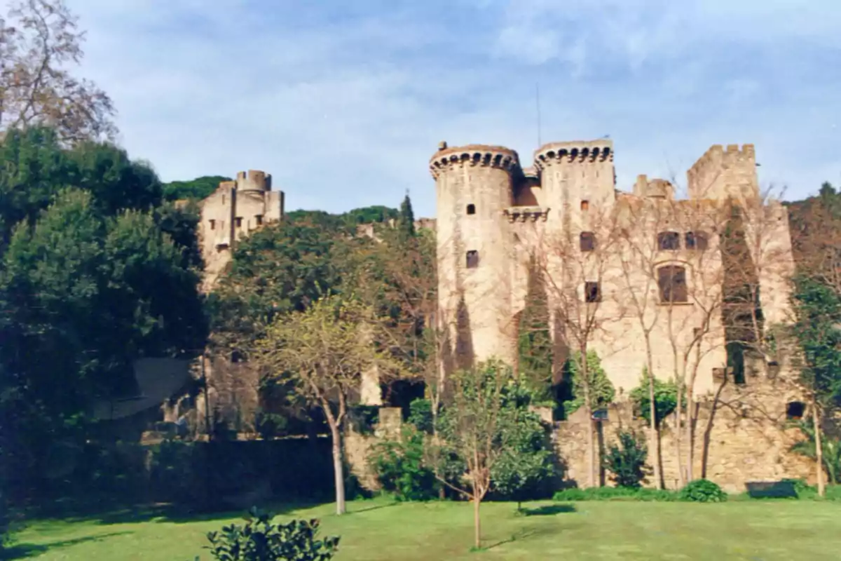 Castillo medieval de piedra rodeado de árboles y vegetación bajo un cielo azul Castillo medieval de piedra rodeado de árboles y vegetación bajo un cielo azul