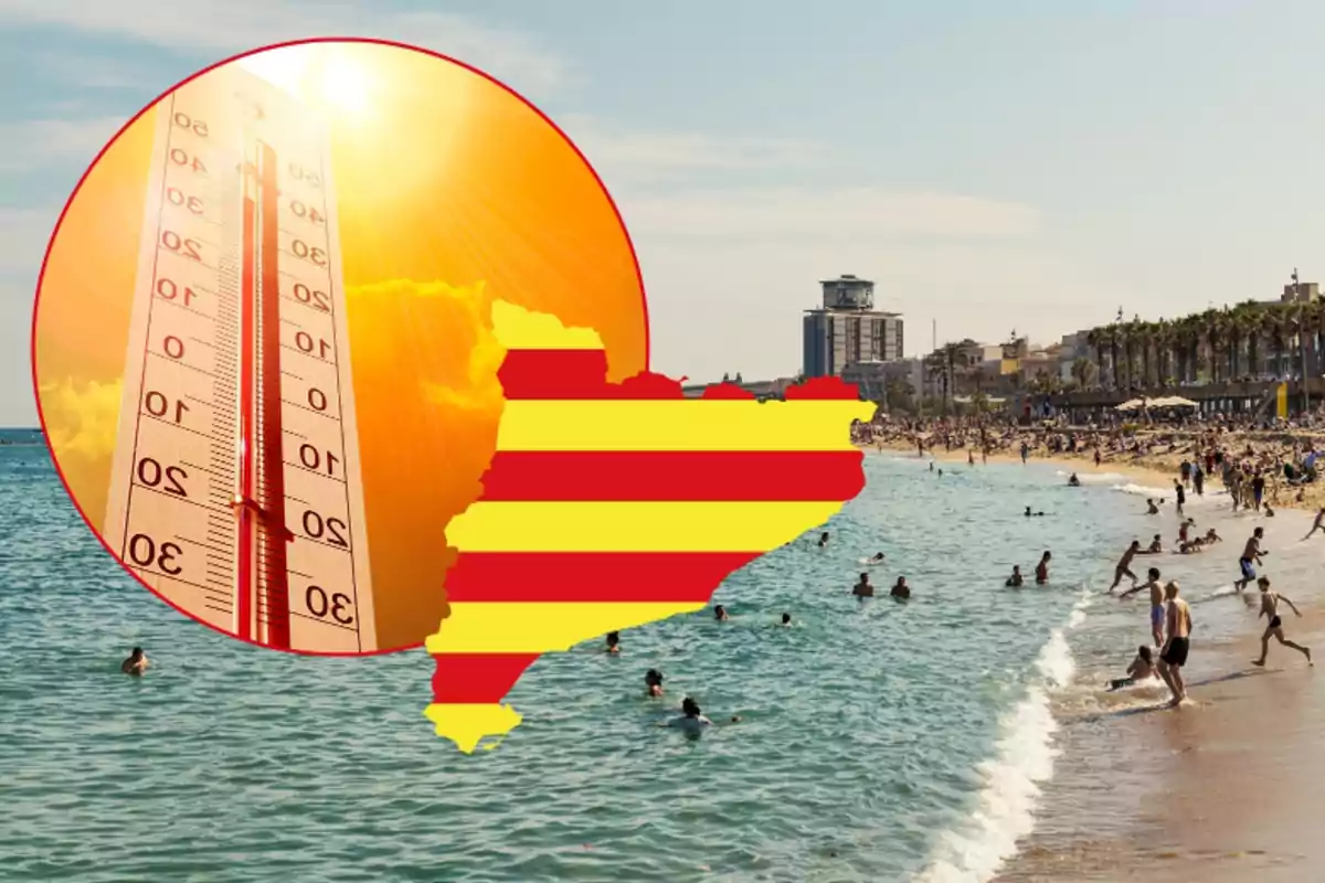 Platja concorreguda a Catalunya amb un gràfic de termòmetre i sol intens indicant altes temperatures