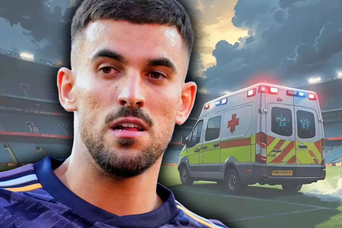 Un futbolista amb expressió seriosa apareix en primer pla mentre una ambulància està estacionada en un estadi al capvespre.