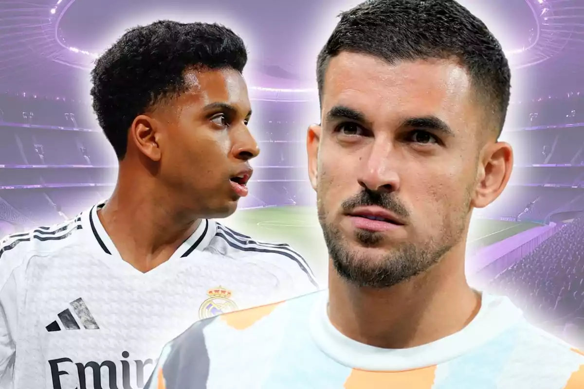 Dos futbolistas con uniforme del Real Madrid aparecen en primer plano sobre un fondo de estadio iluminado