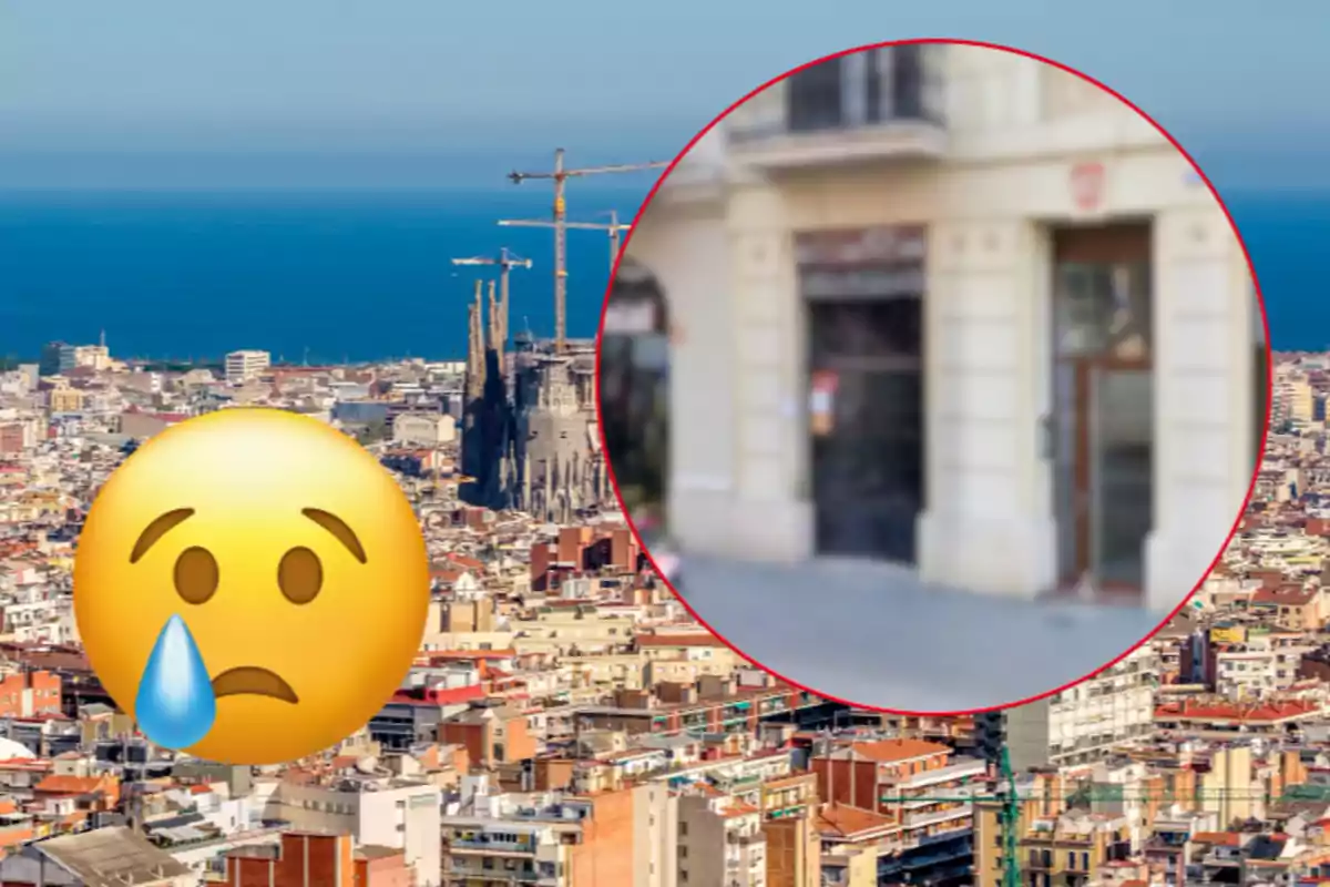 Vista panorámica de una ciudad con la Sagrada Familia al fondo, un emoji triste y un círculo que resalta una entrada de edificio desenfocada