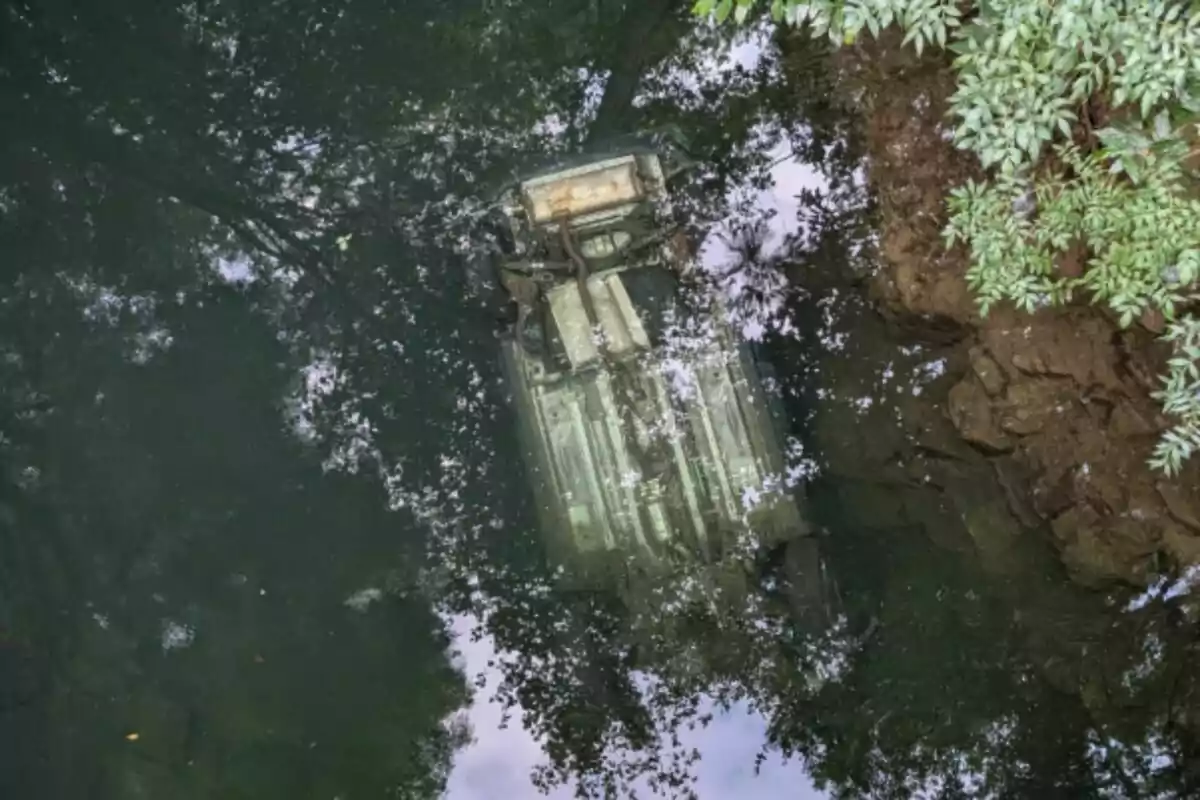 Un coche sumergido en el agua cerca de la orilla rodeado de vegetación en Galicia tras sufrir un accidente.