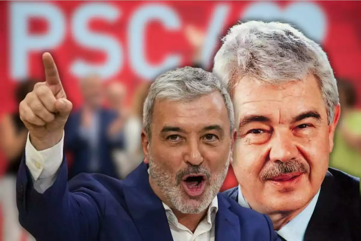 Hombre de cabello canoso y barba hablando enérgicamente con el dedo levantado frente a un fondo rojo con letras blancas y la imagen de otro hombre mayor detrás