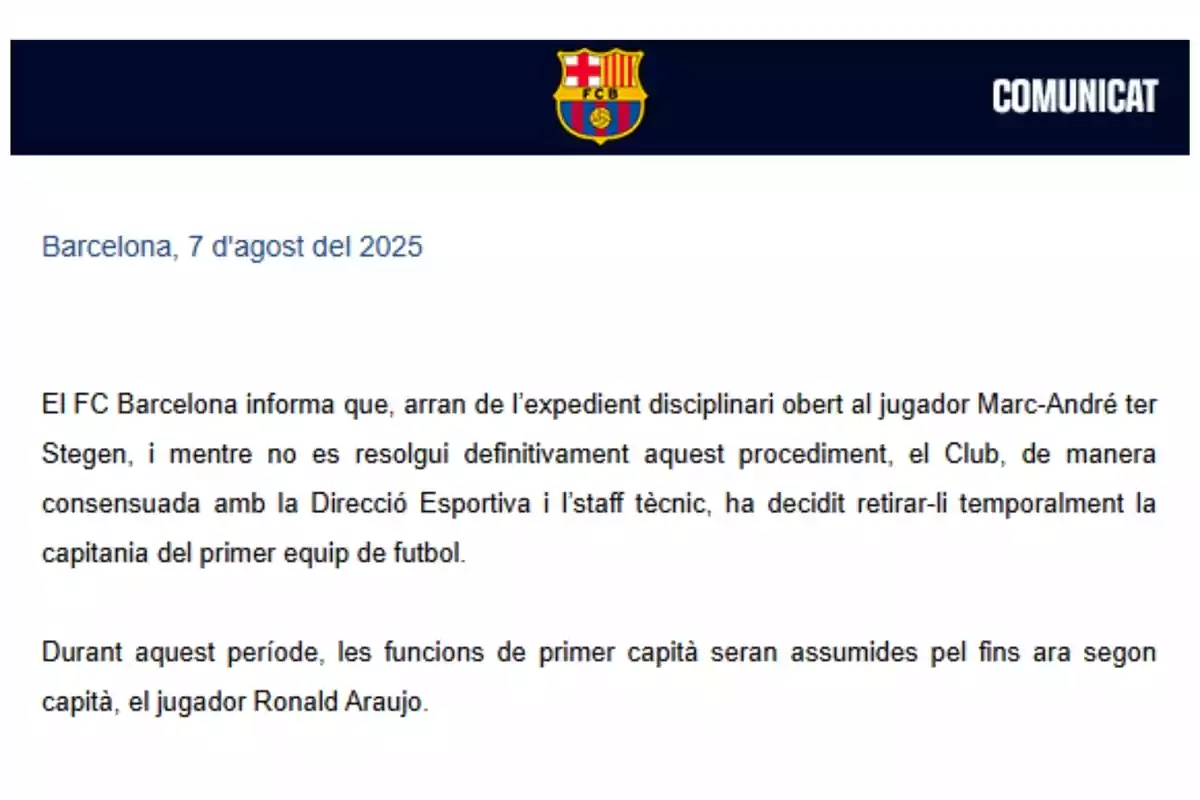 Comunicado oficial del FC Barcelona en el que se informa que Marc-André ter Stegen pierde temporalmente la capitanía del primer equipo y Ronald Araujo asume el rol de capitán Comunicado oficial del FC Barcelona en el que se informa que Marc-André ter Stegen pierde temporalmente la capitanía del primer equipo y Ronald Araujo asume el rol de capitán