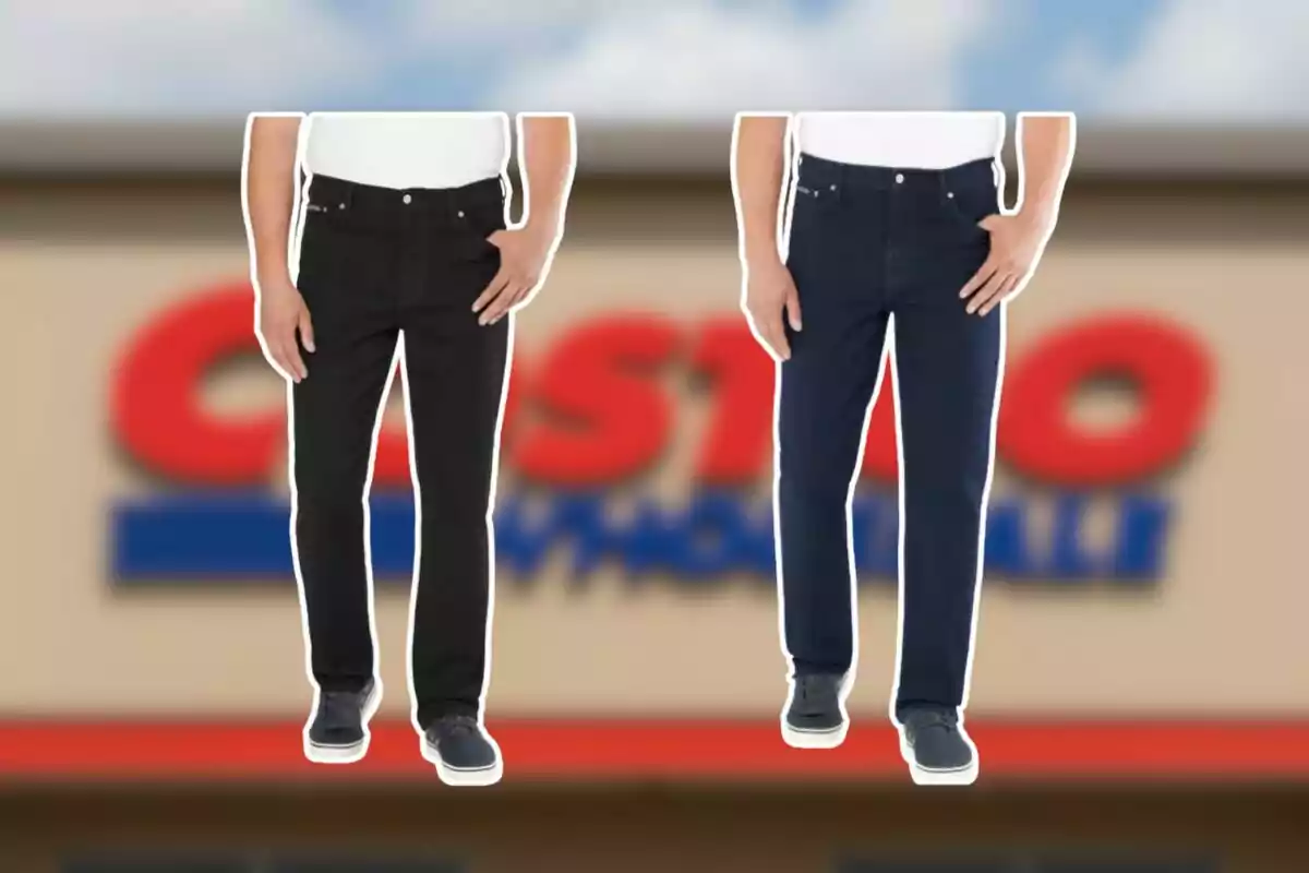 Two men wearing black and navy blue denim pants with a blurred background of a Costco store Two men wearing black and navy blue denim pants with a blurred background of a Costco store