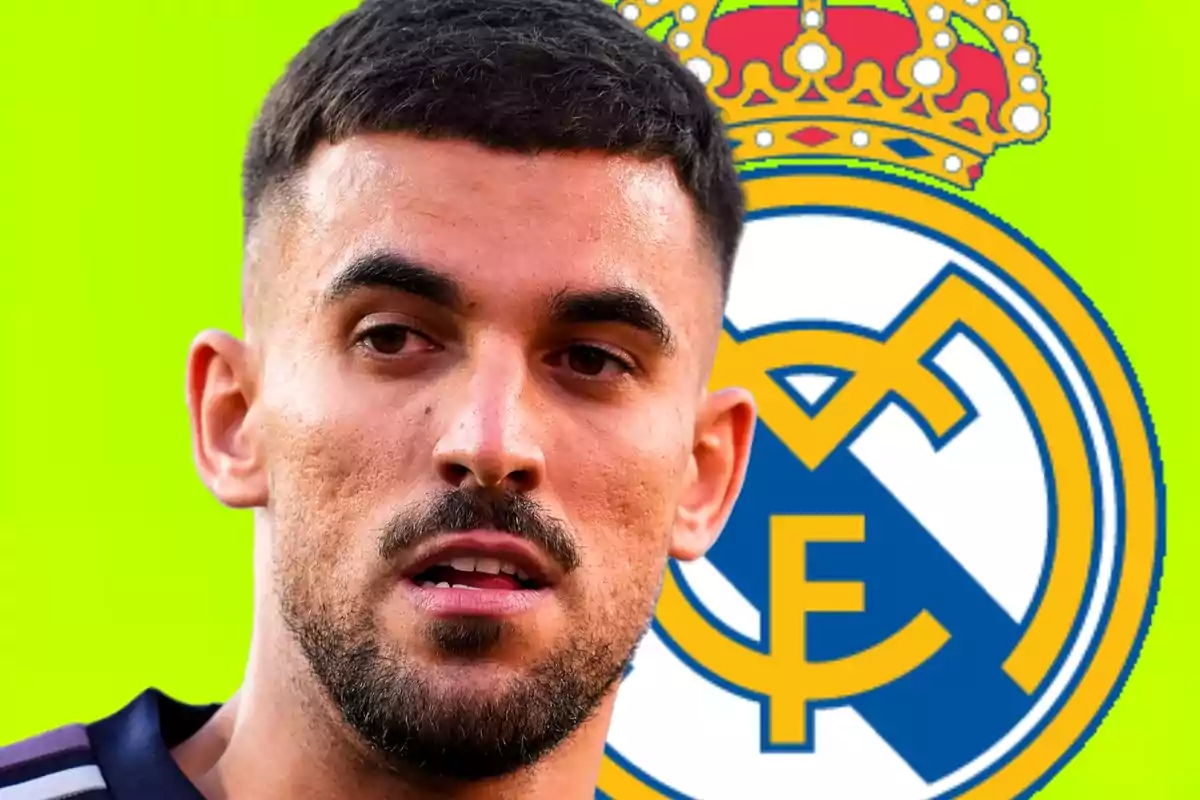 Jugador de fútbol con barba y cabello corto frente al escudo del Real Madrid sobre un fondo verde brillante