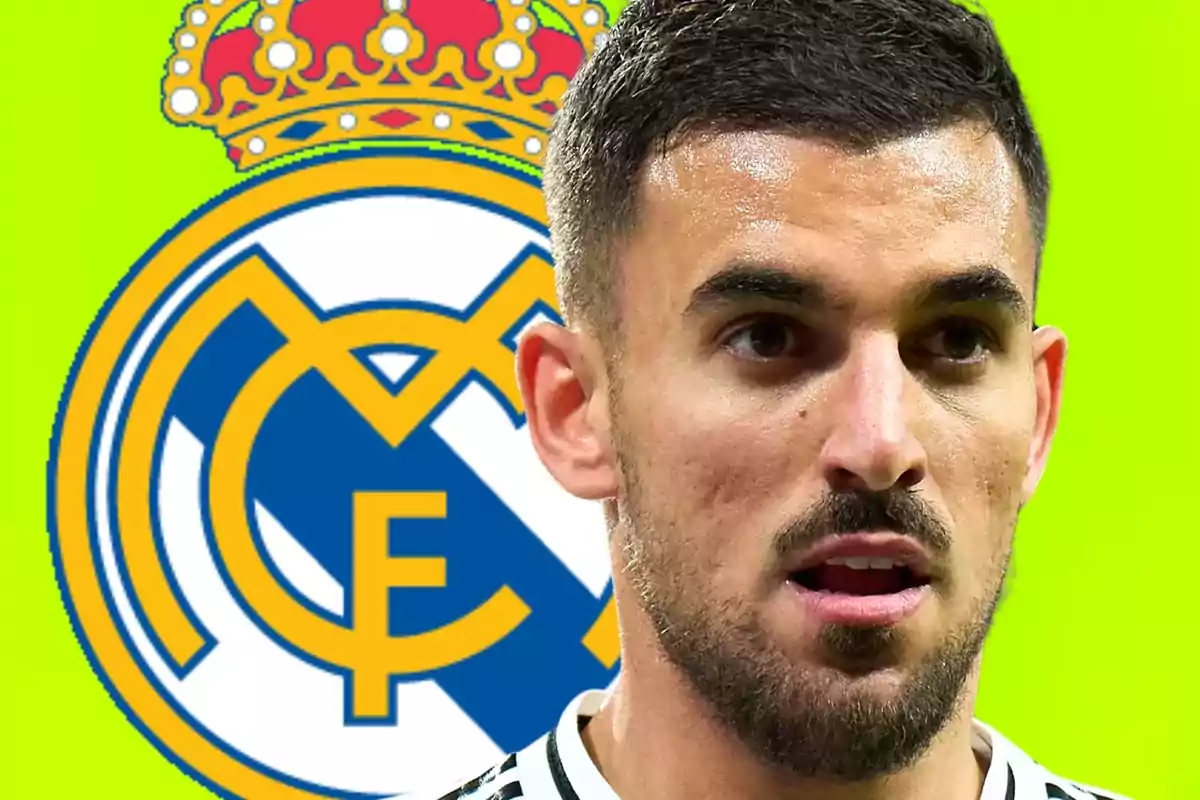 Soccer player wearing a white jersey in front of the Real Madrid crest on a fluorescent green background