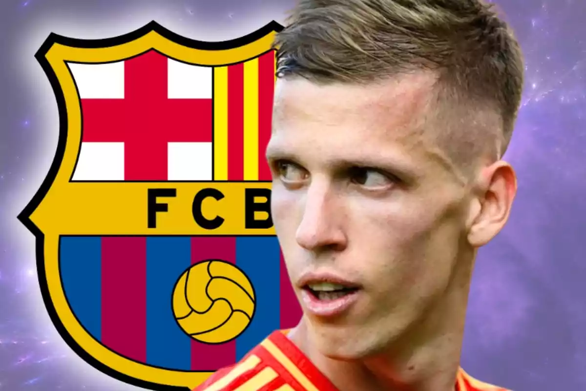 Un futbolista con camiseta roja y amarilla aparece en primer plano con el escudo del FC Barcelona de fondo sobre un fondo morado.