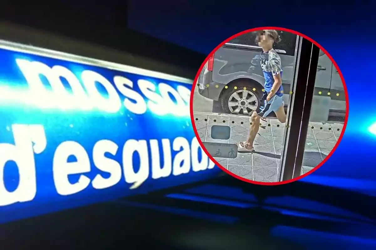 Rètol il·luminat dels Mossos d'Esquadra amb un requadre que mostra una persona corrent per la vorera al costat d'un vehicle estacionat