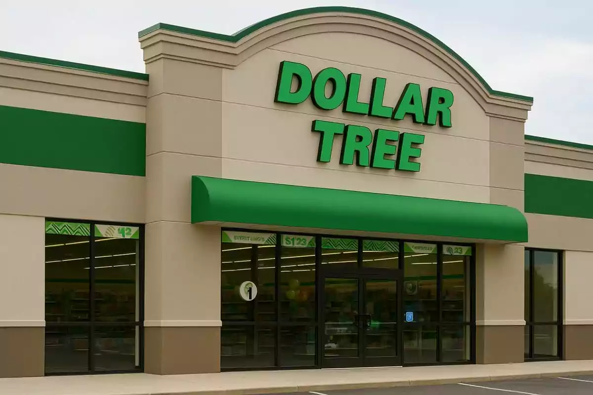 Fachada de una tienda Dollar Tree con letrero verde y entrada principal visible. Fachada de una tienda Dollar Tree con letrero verde y entrada principal visible.