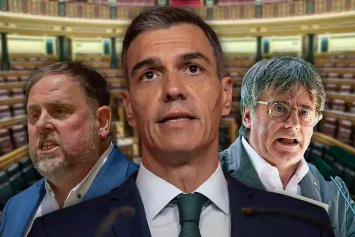 Tres homes en primer pla amb expressió seriosa en un parlament buit