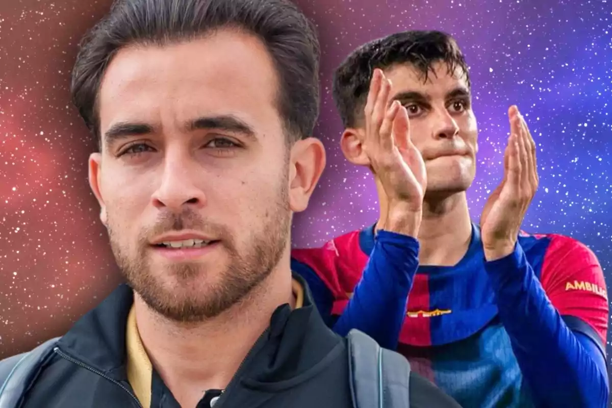 Two young men appear in the image, one in the foreground wearing a dark jacket and another in the background clapping in a sports uniform against a backdrop of bright, starry colors.