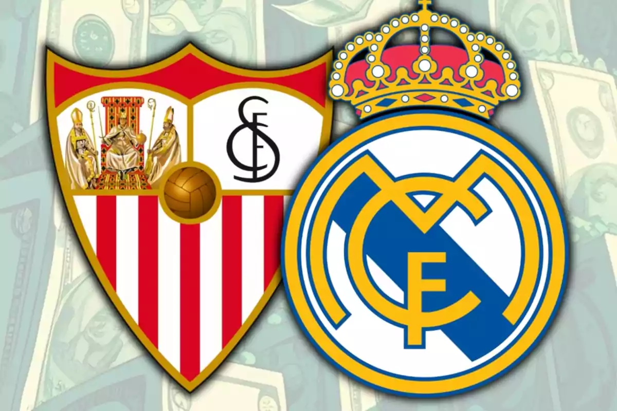 Escuts dels equips Sevilla i Reial Madrid sobre un fons de bitllets.