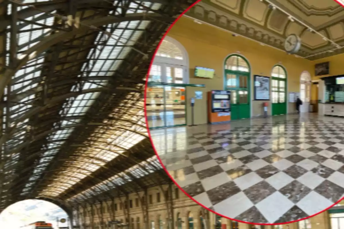 Sostre d’estructura metàl·lica en una estació de tren al costat d’un vestíbul amb terra de rajoles i portes verdes Sostre d’estructura metàl·lica en una estació de tren al costat d’un vestíbul amb terra de rajoles i portes verdes